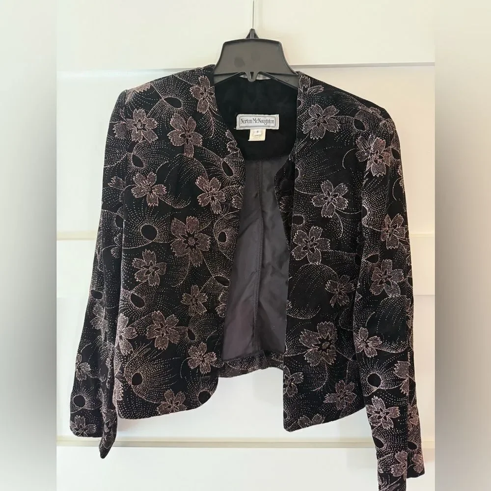 Vintage Norton McNaughton Jacket Women Size 8 Black Velour Silver Glitter Floral